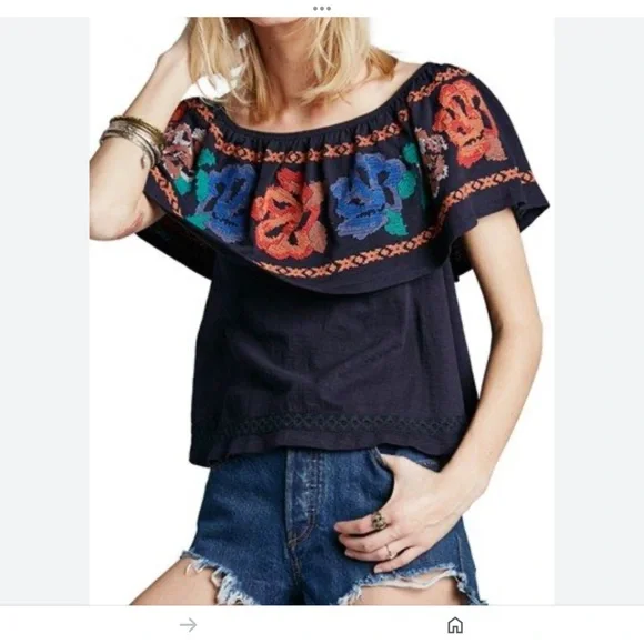 Free People , To The Left Off Shoulder Floral Embroidered Top Black Size M… - Picture 6 of 13